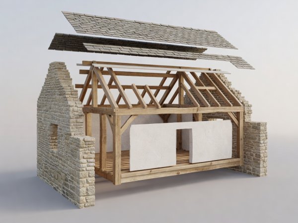 Soft-lit 3D exploded architectural cutaway render showing the sequence from roof slates and stone shell to timber frame and internal lime plaster
