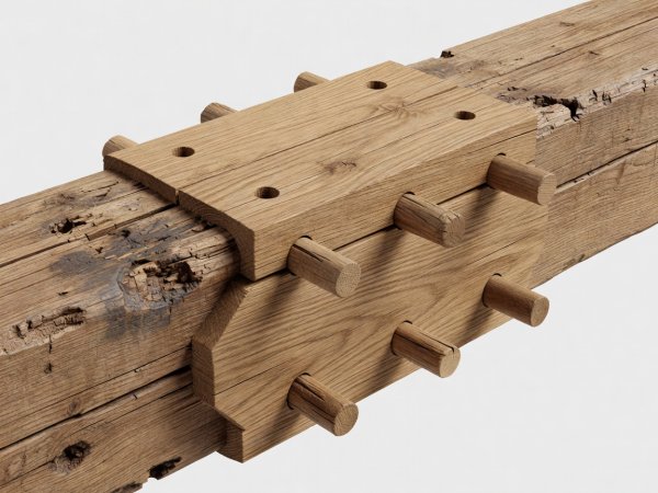 Soft-lit 3D cutaway render of a traditional oak tabled scarf joint pegged with cleft oak dowels repairing a decayed beam bearing end
