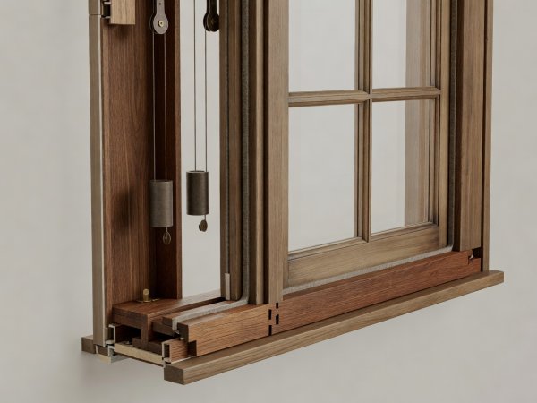 Soft-lit 3D architectural cutaway render of a period timber box sash window showing pulley weights, parting bead draught seals, and spliced hardwood sill