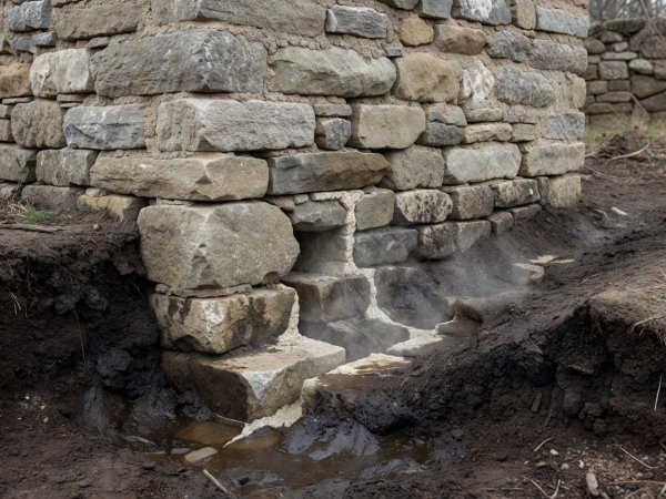 Soft-lit 3D cutaway render of a traditional solid stone cottage wall footing showing high external soil bridging and breathable lime evaporation path